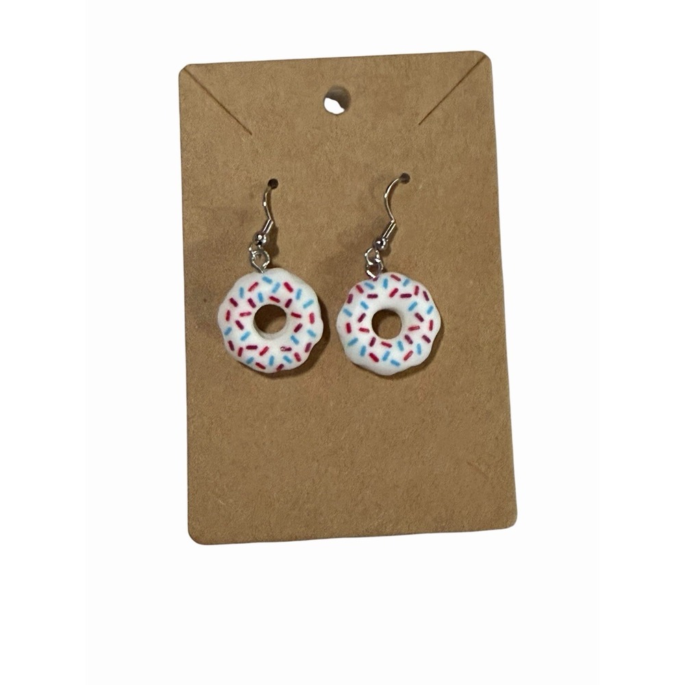 Handmade White Glazed Donut Dangle Earrings Red Blue‎ Sprinkles Novelty Jewelry